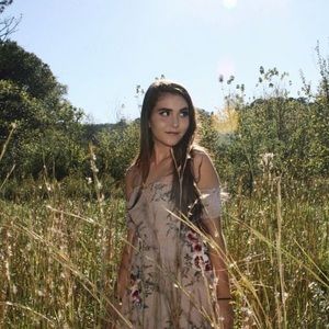 Maxi floral dress. Tan. Slit dress off the shoulder dress